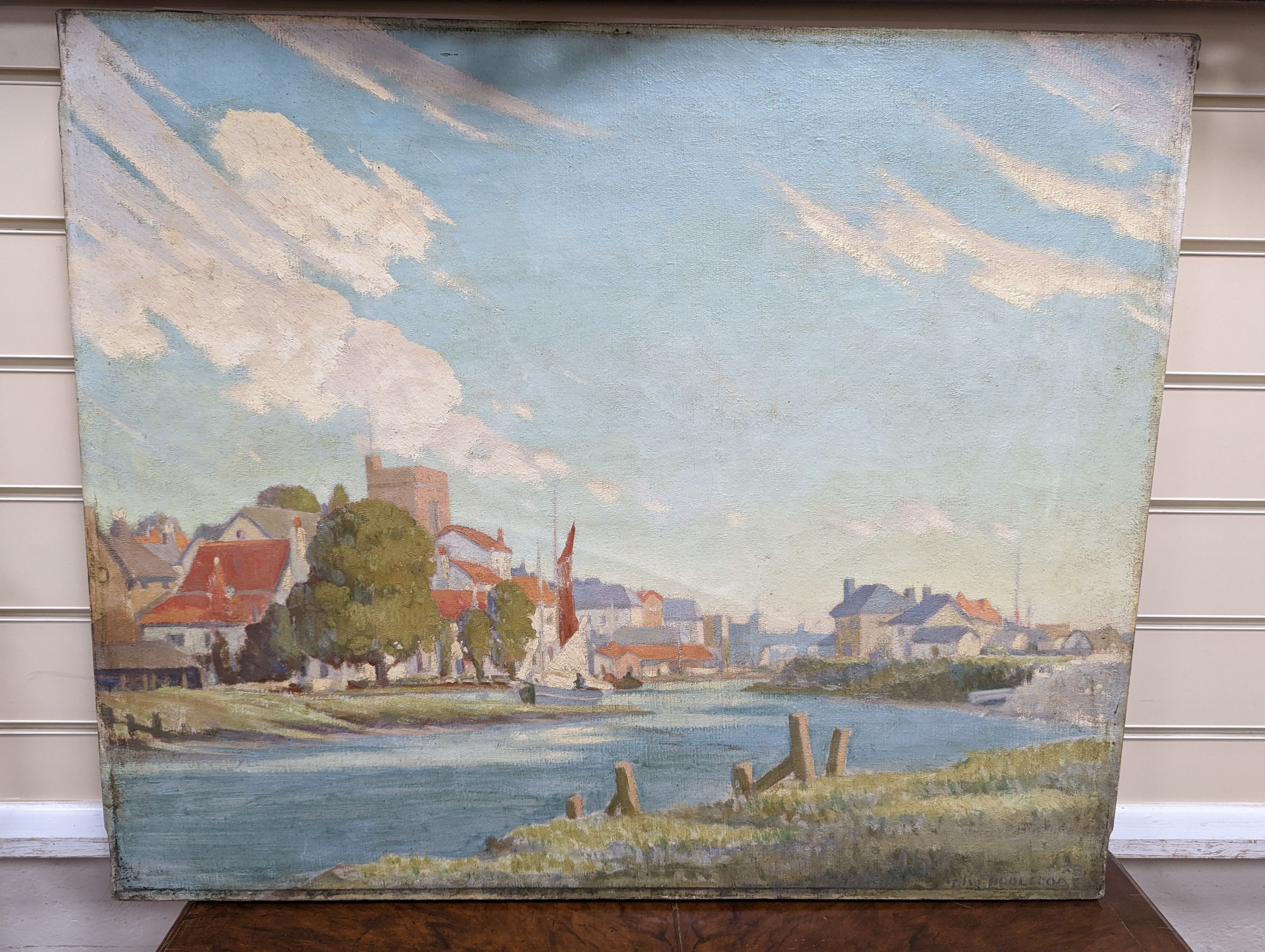 Middlecoat (1890-1959), oil on canvas, Riverside town, signed, 64 x 77cm, unframed
